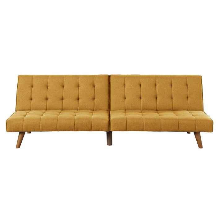 Fabric Adjustable Sofa with Tufted Details and Splayed Legs, Yellow-Benzara