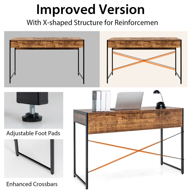 Costway Computer Desk Metal Frame Study Table Home Office Workstation w/2 Drawers Black