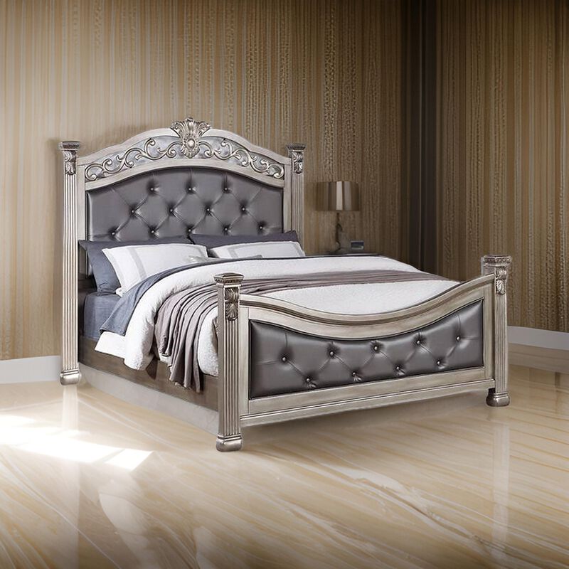 Jax California King Bed, Button Tufted Upholstered Headboard, Champagne - Benzara