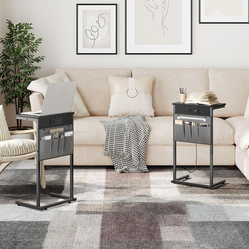 HOOBRO C Shaped End Table with Charging Station, 28"" Tall Couch Table for Couch and Recliner for Small Spaces, Slide Under Sofa