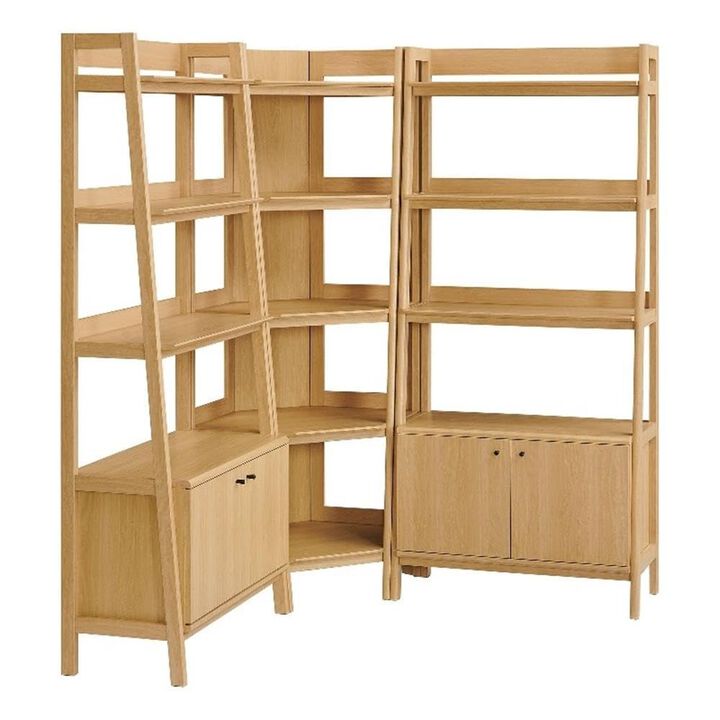 Modway Bixby 3-Piece Corner Bookshelf Set with Wide Bookshelves in Oak &ndash; 12-Tier Wood Bookcases with Open Shelves and Base Cabinets for Living Room, Bedroom, Or Home Office