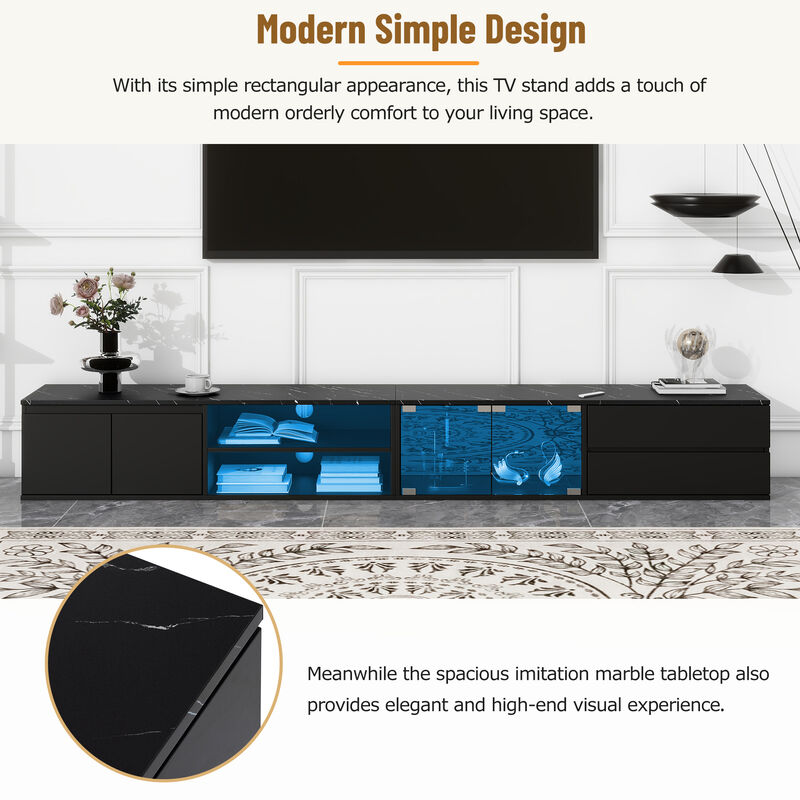 Clihome Modern APP Controlled LED TV Stand for TVs Up to 105'', Faux Marble Tabletop Media Console with Tempered Glass Doors, Entertainment Center with 2 Drawers & Cabinets for Living Room image number 4