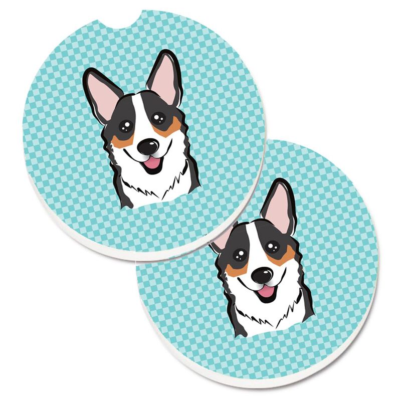 Caroline's Treasures Checkerboard Blue Corgi Set of 2 Cup Holder Car Coasters BB1193CARC, 2.56, Multicolor