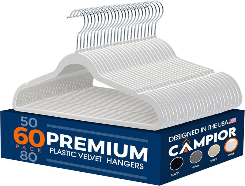 Premium Velvet Non-Slip Hangers for Clothes - Heavy Duty Coat Hanger Set with 360&deg; Swivel Hook, Lightweight, Luxurious Velvet Finish, Versatile Hangers for Any Closet, Pack of 60 - White