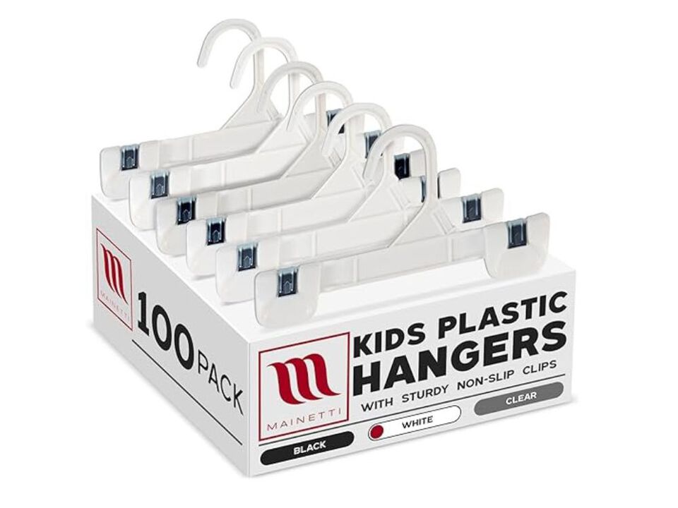 Kids White Plastic Hangers | 100-Pack 8-Inch Pants Hangers with Clips