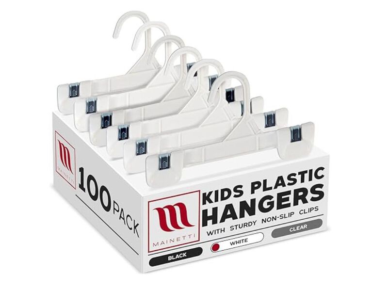 Kids White Plastic Hangers | 100-Pack 8-Inch Pants Hangers with Clips image number 0
