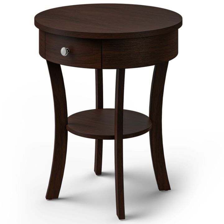 2-Tier Wood Round End Table with Open Drawer