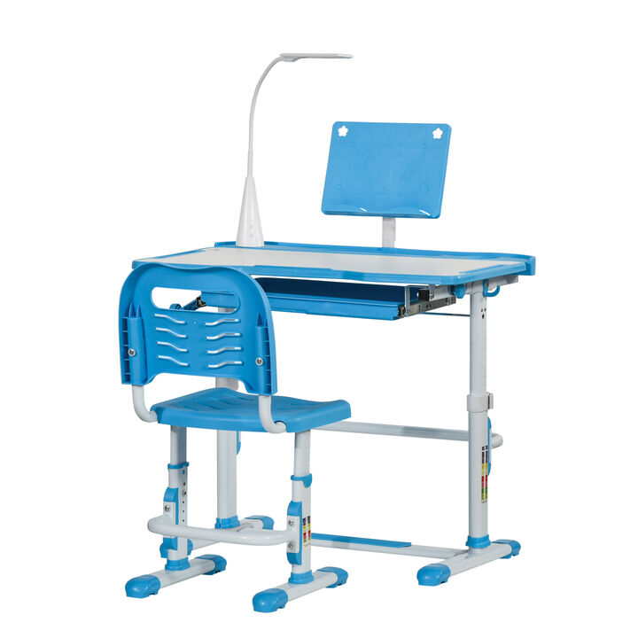 Kids Adjustable School Desk & Chair Set w/ Lamp, Tilt Desktop, Storage, Blue