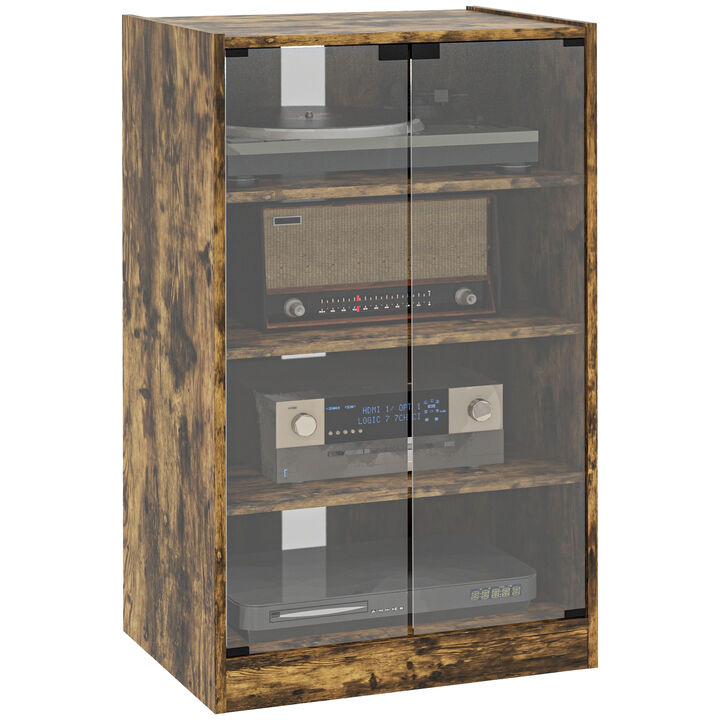 Wood Grain Storage Console Center with Glass Doors and Cable Management, Brown