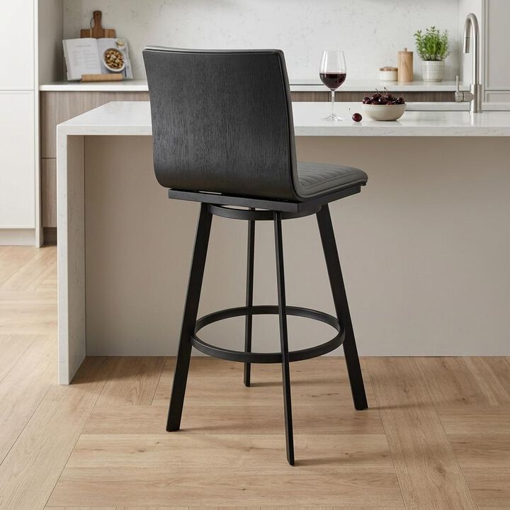 HomeRoots 26" Gray And Black Faux Leather And Fabric And Iron Counter Height Swivel Bar Chair