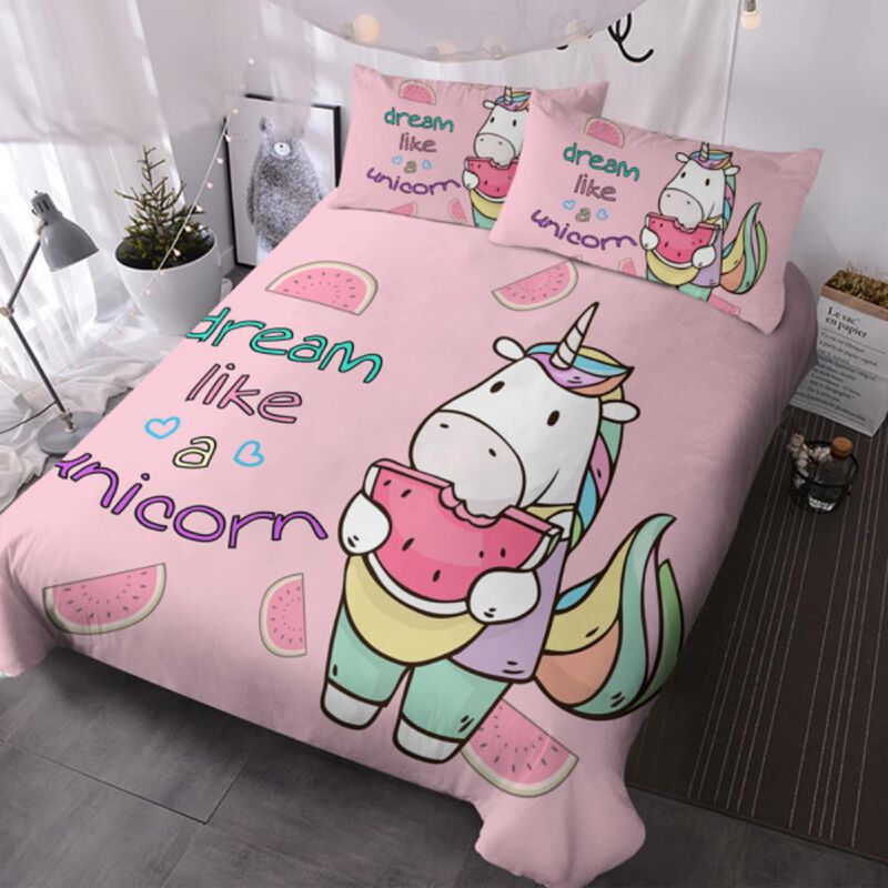 3-Piece Unicorn Watermelon Duvet Cover Set Cute and Colorful Bedding for a Fun and Whimsical Bedroom Decor