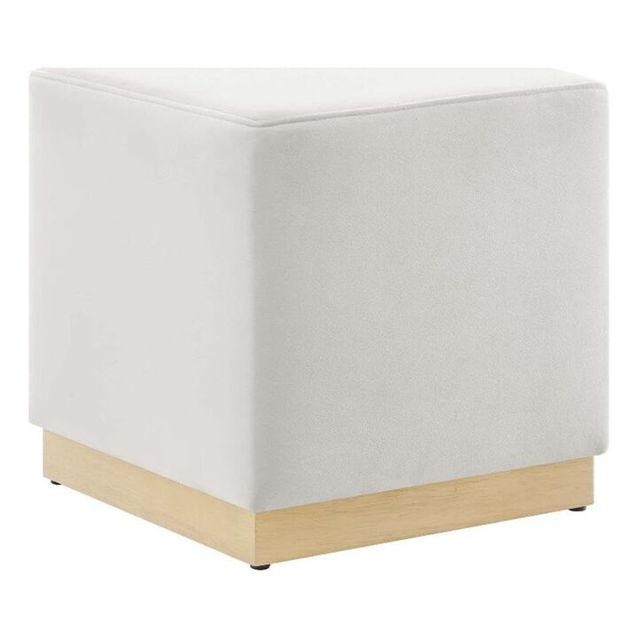 Modway Tilden 17 Inch Square Performance Velvet Upholstered Ottoman in Alabaster Natural - Small Ottoman Foot Rest with Rubberwood Plinth Base - Living Room Ottoman Side Table,