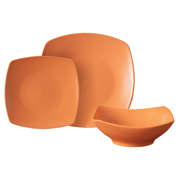 Gibson Home Zen Buffetware 12 Piece Square Fine Ceramic Dinnerware Set in Matte Papaya Orange