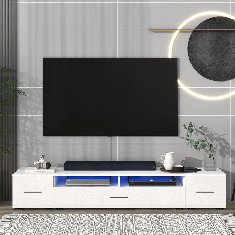 Extended, Minimalist Design TV stand with Color Changing LED Lights, Modern Universal Entertainment Center, High Gloss TV Cabinet for 90+ inch TV, White