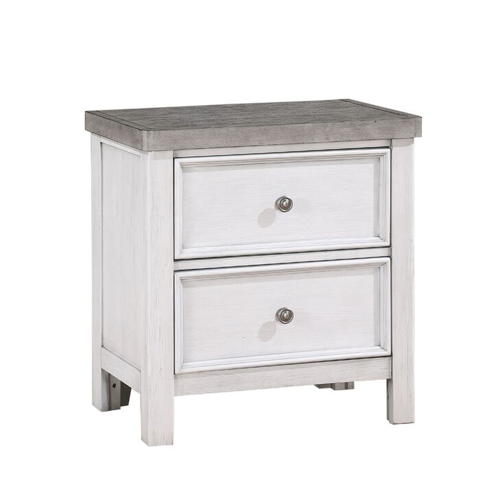 Amby Nightstand, 2 Drawers, Farmhouse Antique White, Gray Acacia Wood - Benzara