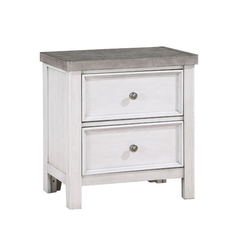 Amby Nightstand, 2 Drawers, Farmhouse Antique White, Gray Acacia Wood - Benzara