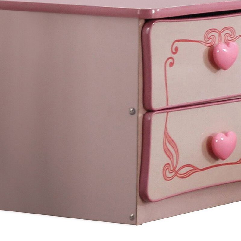 2 Drawer Wooden Nightstand with Heart Knob Pulls, Pink-Benzara