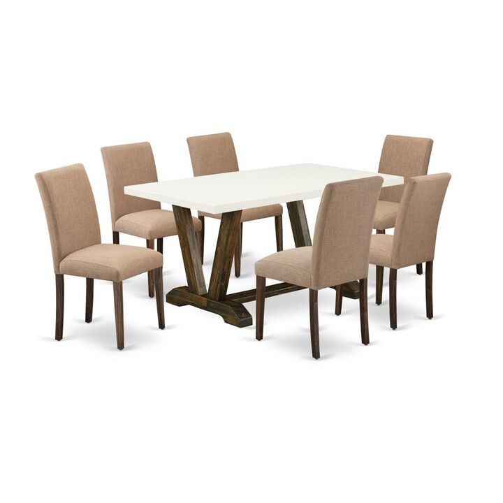 East West Furniture 7-Pc wooden dining table set Includes 6 Modern Chairs with Upholstered Seat and High Back and a Rectangular Modern Dining Table - Distressed Jacobean Finish