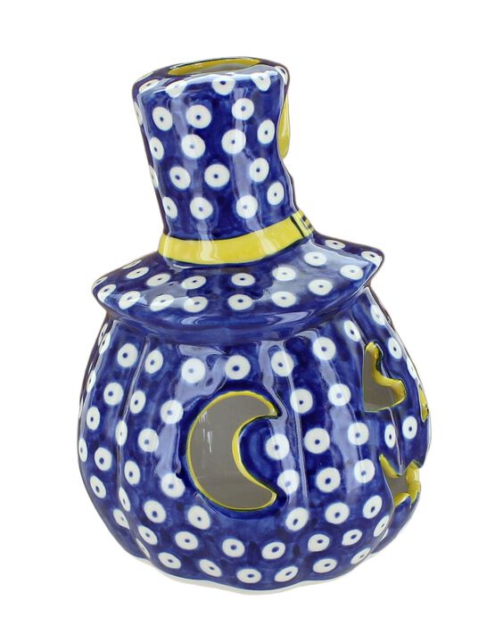 Blue Rose Polish Pottery Dots Pumpkin Luminary with Top Hat