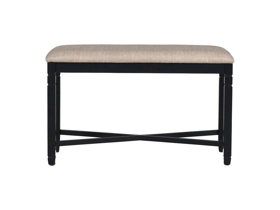Fabric Counter Bench with Turned Legs and X Shaped Support, Beige and Black - Benzara