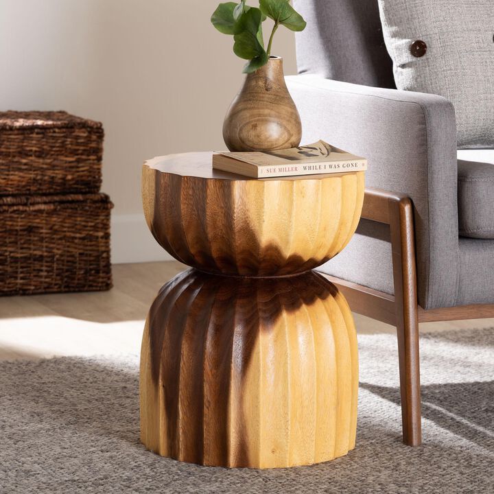 bali & pari Noleta Hand-carved Suar Wood Side Table &ndash; Sculptural Hourglass Accent Table with Natural Grain, Modern Boho Style for Living Room or Bedroom