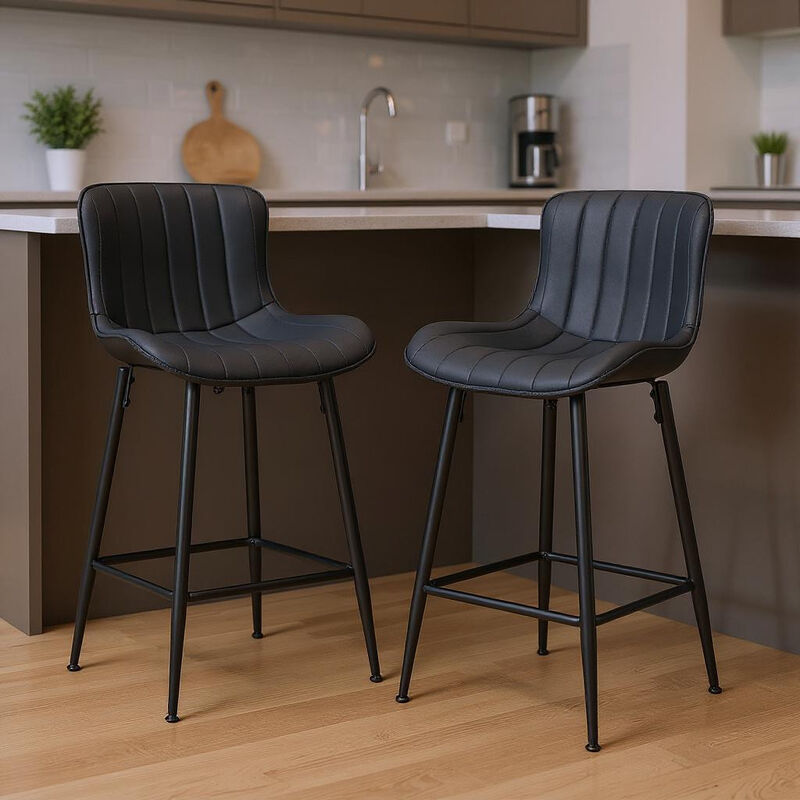 HomeRoots Set of Two 27" Black Faux Leather and Metal Low Back Counter Height Bar Chairs