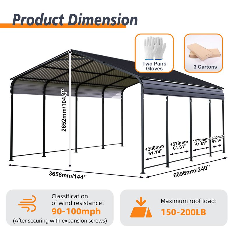12x20 FT Heavy Duty Metal Carport With Galvanized Steel Roof image number 3