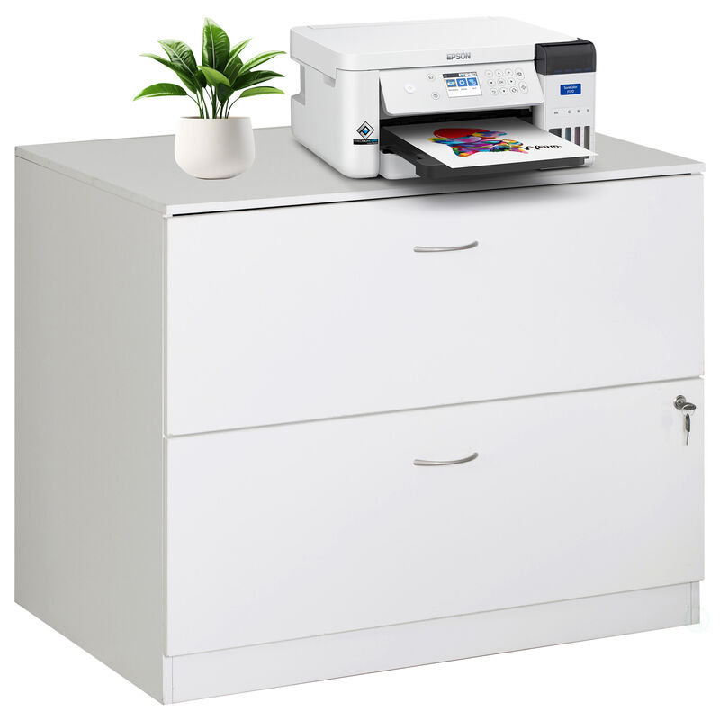 30-Inch White Wooden Lateral File Cabinet with Two Spacious Drawers, One Lockable - Suitable for Home Office, Offering Ample Space for Documents, Supplies, and Printer Stand Needs