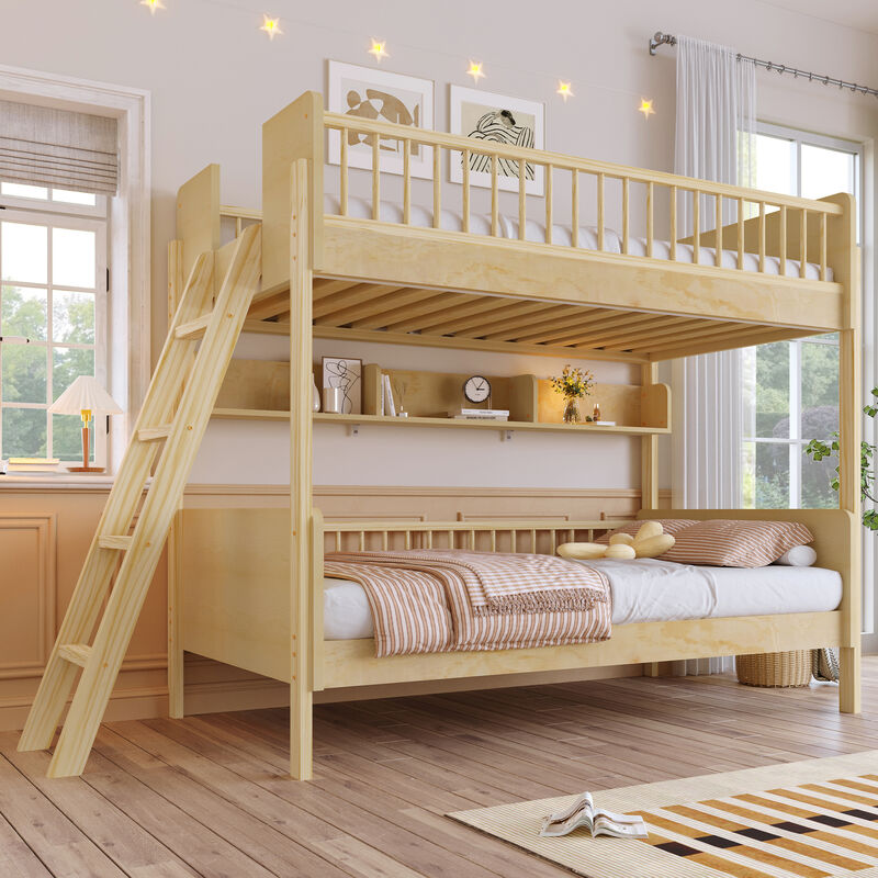 Merax Twin-Over-Twin White Wooden Bunk Bed with 3 Storage Shelves