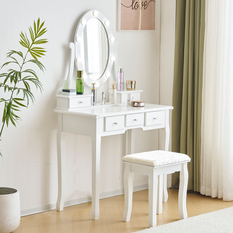 Dressing Table with LED Mirror, Power Outlet, Drawers & Cushioned Stool