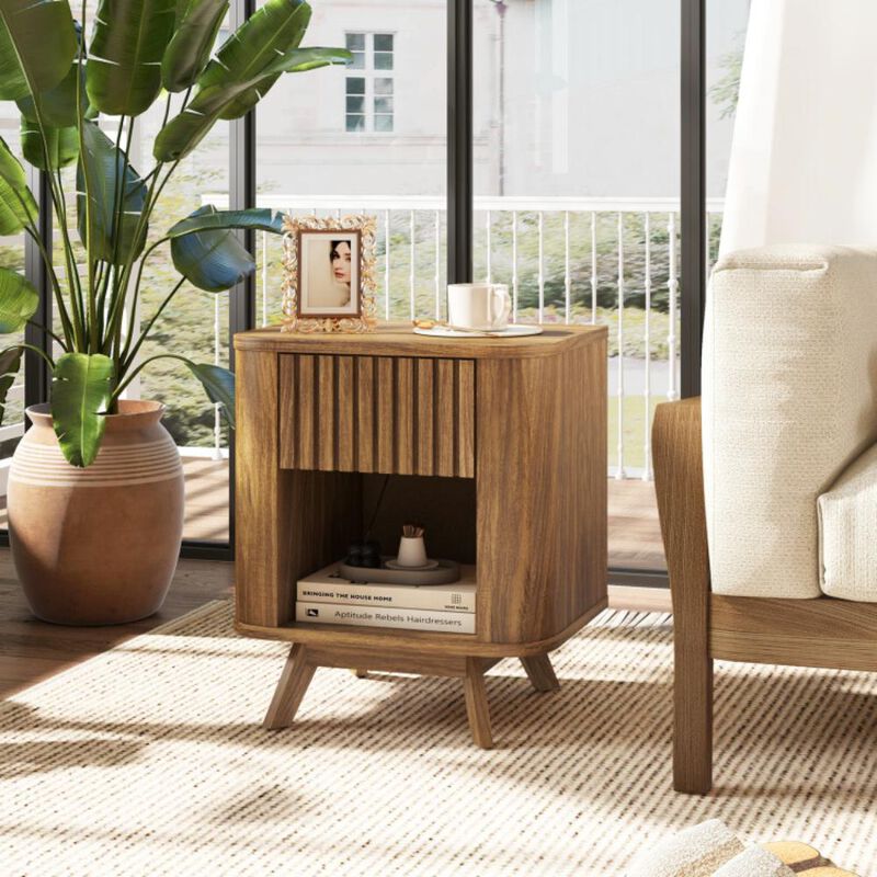 Hivvago Mid-century Wood Nightstand with Drawer and Open Shelf