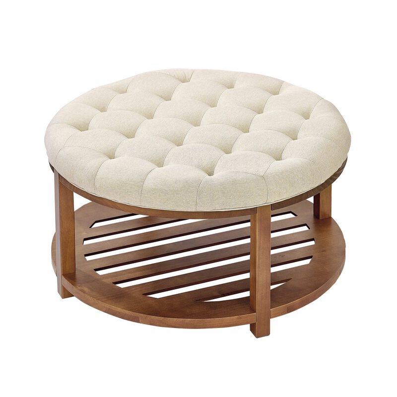 Tufted Round Ottoman Coffee Table with Wood Shelf Storage, Upholstered Footrest image number 7
