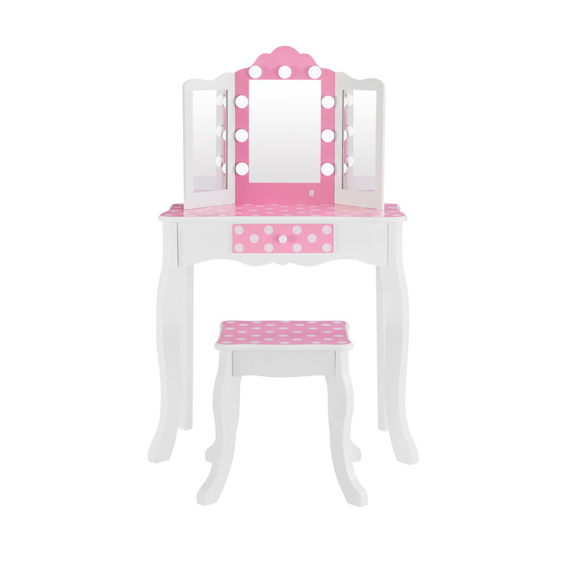 Fantasy Fields Gisele Polka Dot Kids Play Vanity Table & Stool with LED, White & Pink image number 3