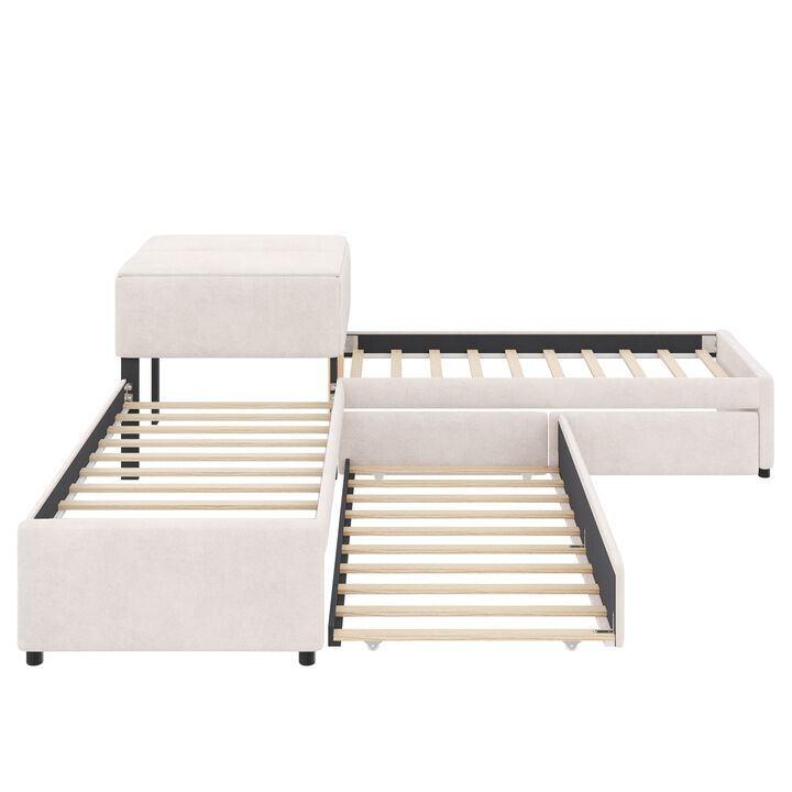 Merax L-Shaped Twin Upholstered Platform Bed with 3 Beds, Built-in Table & Storage Drawers