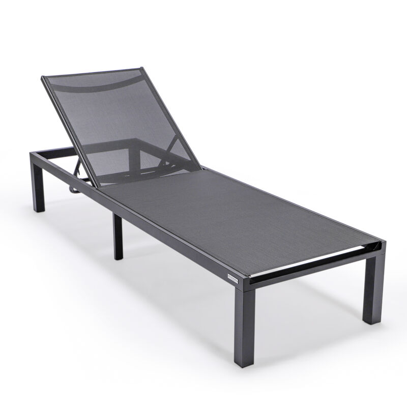 LeisureMod Marlin Modern Black Aluminum Outdoor Patio Chaise Lounge Chair in Black Frame with Square Fire Pit Side Table