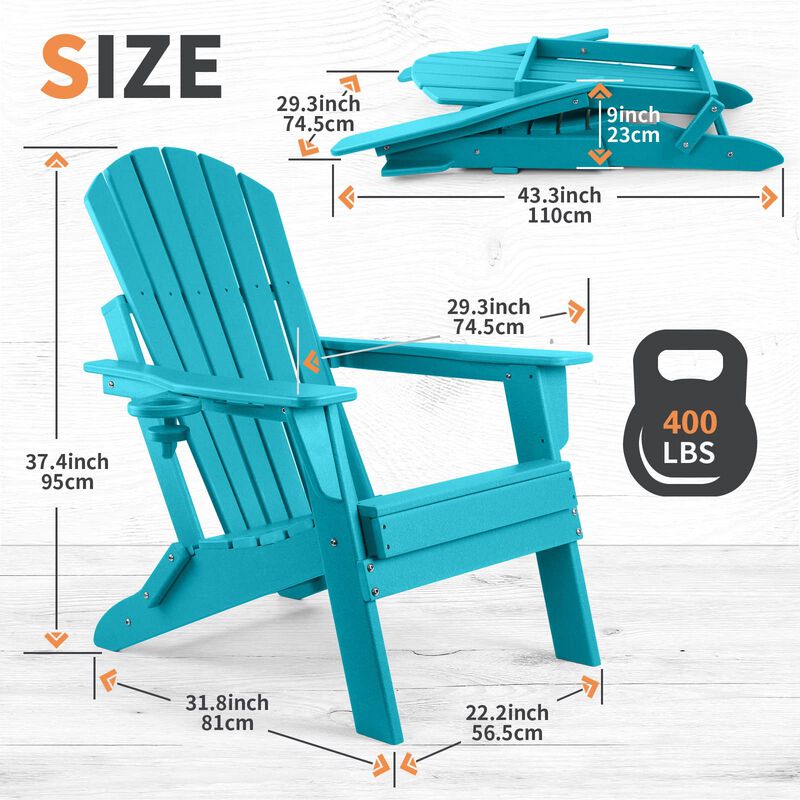 FUNBERRY Folding Adirondack Chair Set of 4, HDPE All Weather Fire Pit Chairs with Cup Holder for Outdoor