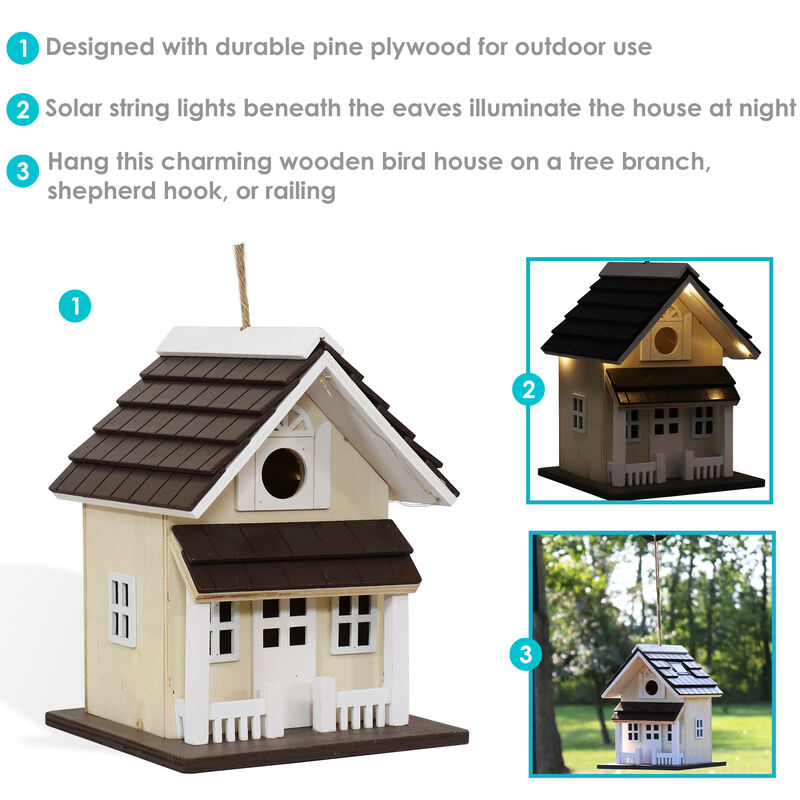 Sunnydaze 9.25 in Wooden Cozy Home Birdhouse with Solar LED Light - Cream