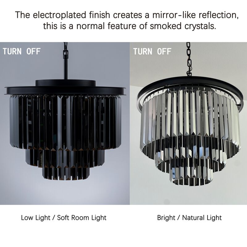 6-Lights Modern Matte Black 3-Tier Round Fringe Chandelier with Smoke Crystal Accent image number 4