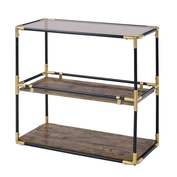 Rechange Glass Top Console Table Metal Tubular Framing and Wooden Shelves, Black and Brown-Benzara