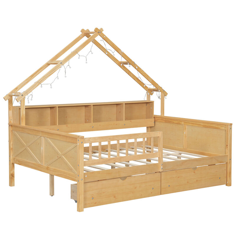 Whisen Full Size House Platform Beds with LED, Storage Shelves, Drawers and Guardrail image number 6