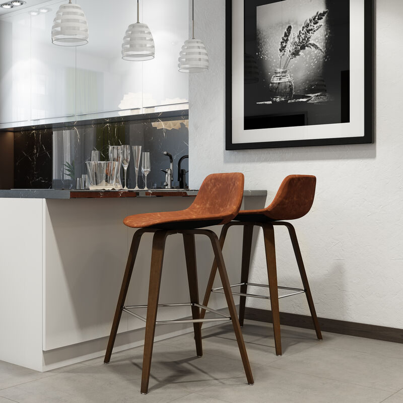 Randolph Mid-Century Modern 28 inch Bentwood Counter/ Bar Height Stool (Set of 2) in Deep Tan Vegan Faux Leather