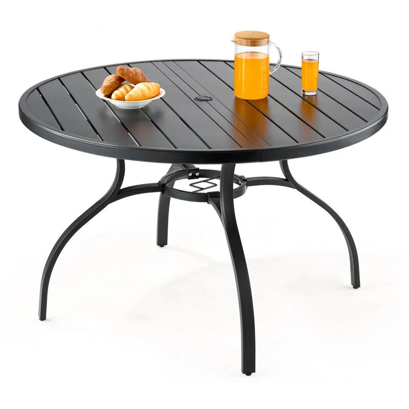 Outdoor Steel Patio Round Dining Table with Umbrella Hole for Lawn Garden-Black image number 2