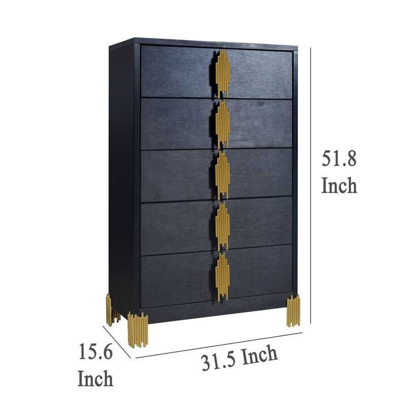 Theo Tall Dresser Chest, 5 Drawers, Vertical Gold Handles, Black Wood - Benzara