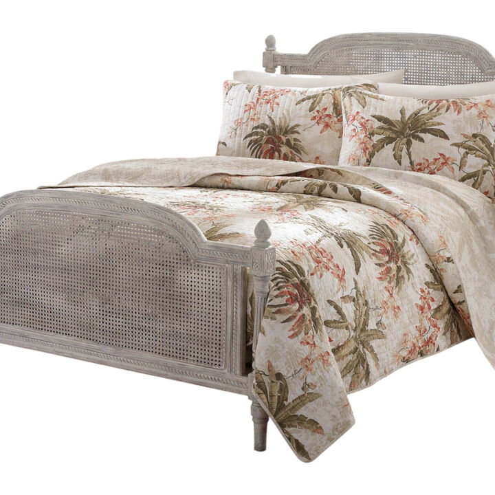 3-Piece Reversible Quilt Set in Cotton with Coastal Palm Tree and Floral Design For Bedroom