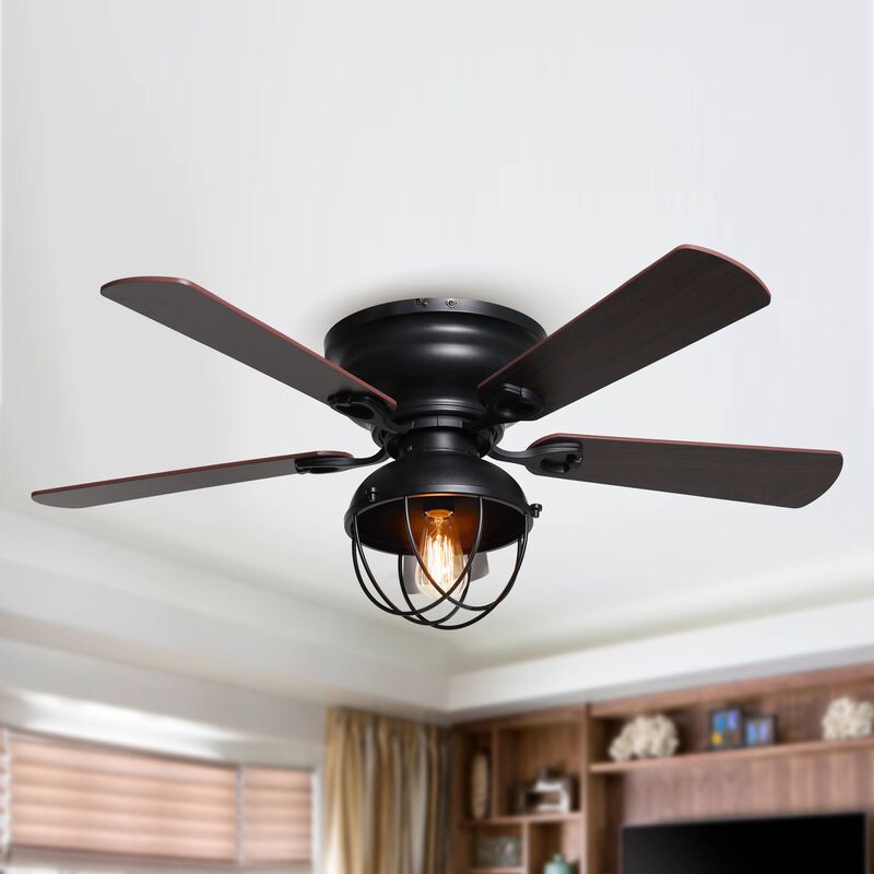 42" Industrial Wood 5-Blade Matte Black Flush Mount Ceiling Fan with Remote