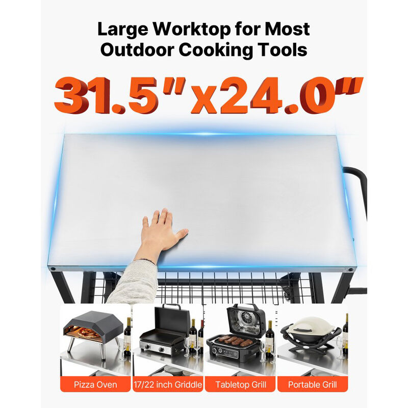 Outdoor Grill Cart with Stainless Steel Top 4 Wheels and Mesh Shelves image number 3