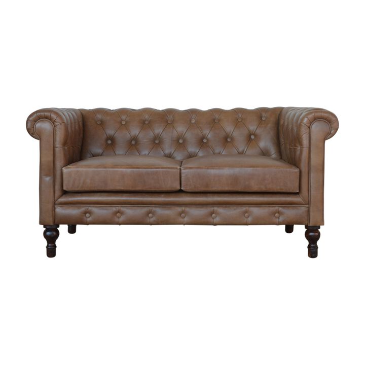 Brown Leather Double Seater Chesterfield Sofa Solid Wood