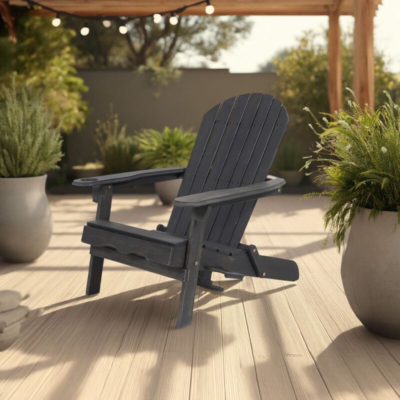 Outdoor Adirondack Chair with Cupholders, Foldable, Dark Gray Wood Finish - Benzara