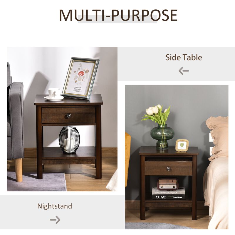 Dark Brown Nightstand: Compact Bedside Table with Drawer and Shelves