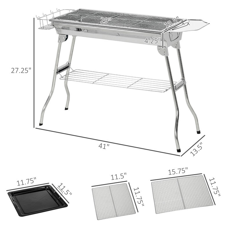 Outsunny Charcoal Grill, Stainless Steel Portable Folding BBQ, Outdoor Hibachi for Backyard Cooking, Camping, Picnic, Party, Tailgating and Travel with Pan, Grill Rack, Shelves, and Hooks
